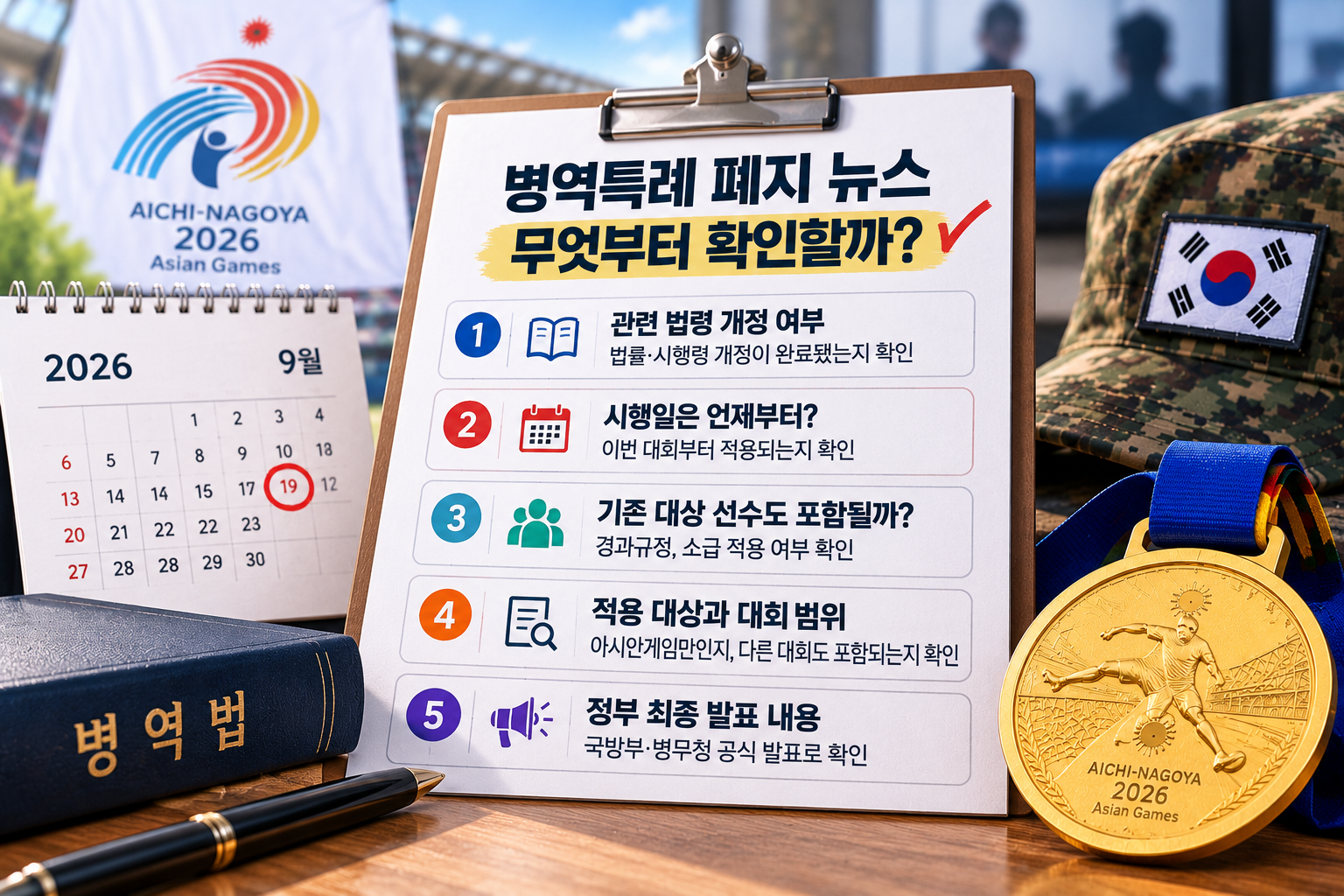 2026 아시안게임 병역특례 폐지 논의와 법령 개정 여부, 시행일, 기존 금메달 선수 적용 기준을 확인하는 체크리스트 이미지