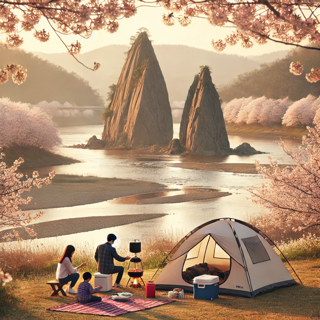 도담삼봉이 보이는데에서 캠핑을 하고 있는 가족