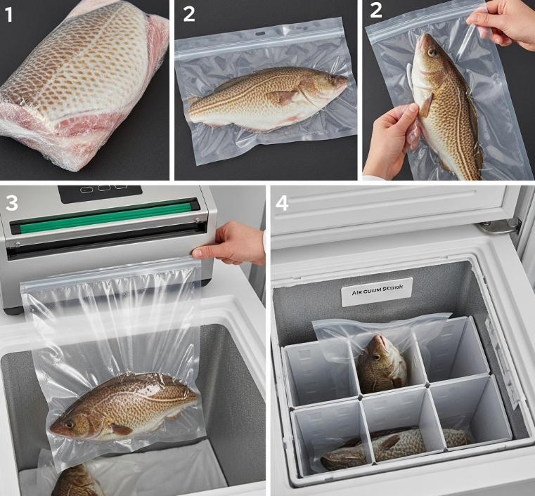 랩과 지퍼백을 활용하여 생선을 완벽하게 밀봉하는 모습입니다.