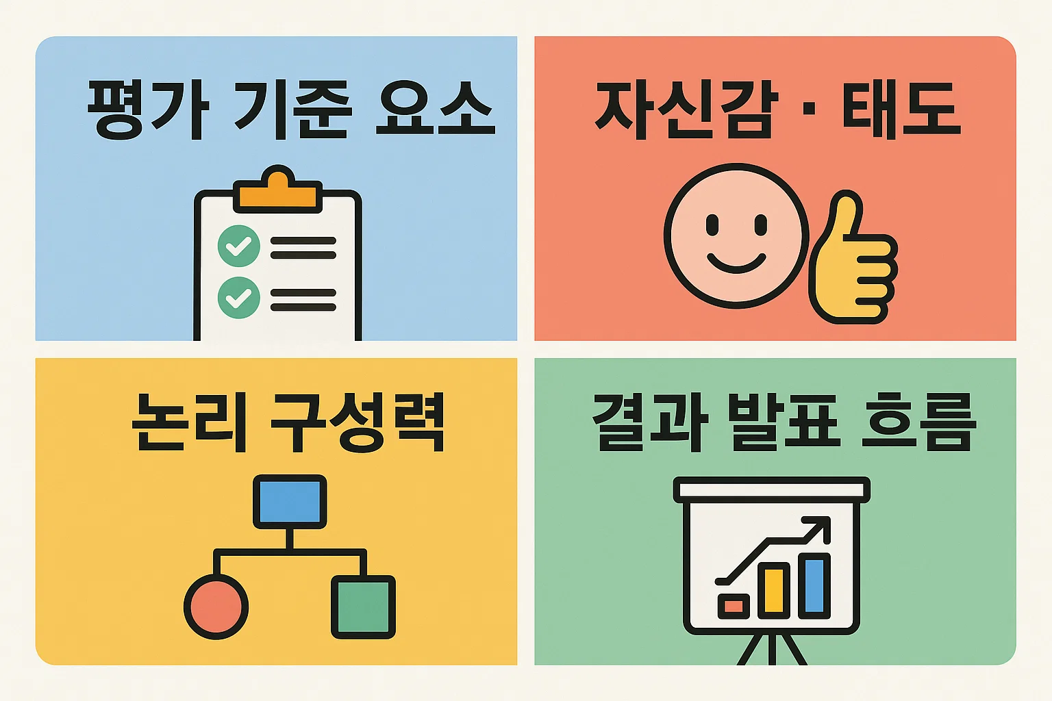 평가 기준, 자신감과 태도, 논리 구성력, 발표 흐름 등 청소년지도사 면접 합격에 결정적인 영향을 주는 핵심 평가요소를 정리한 인포그래픽