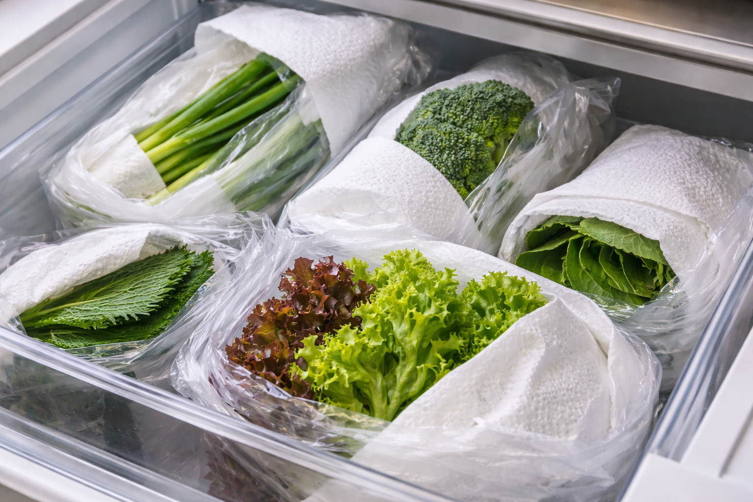 씻지 않은 채소를 키친타월로 감싸 냉장 보관한 모습