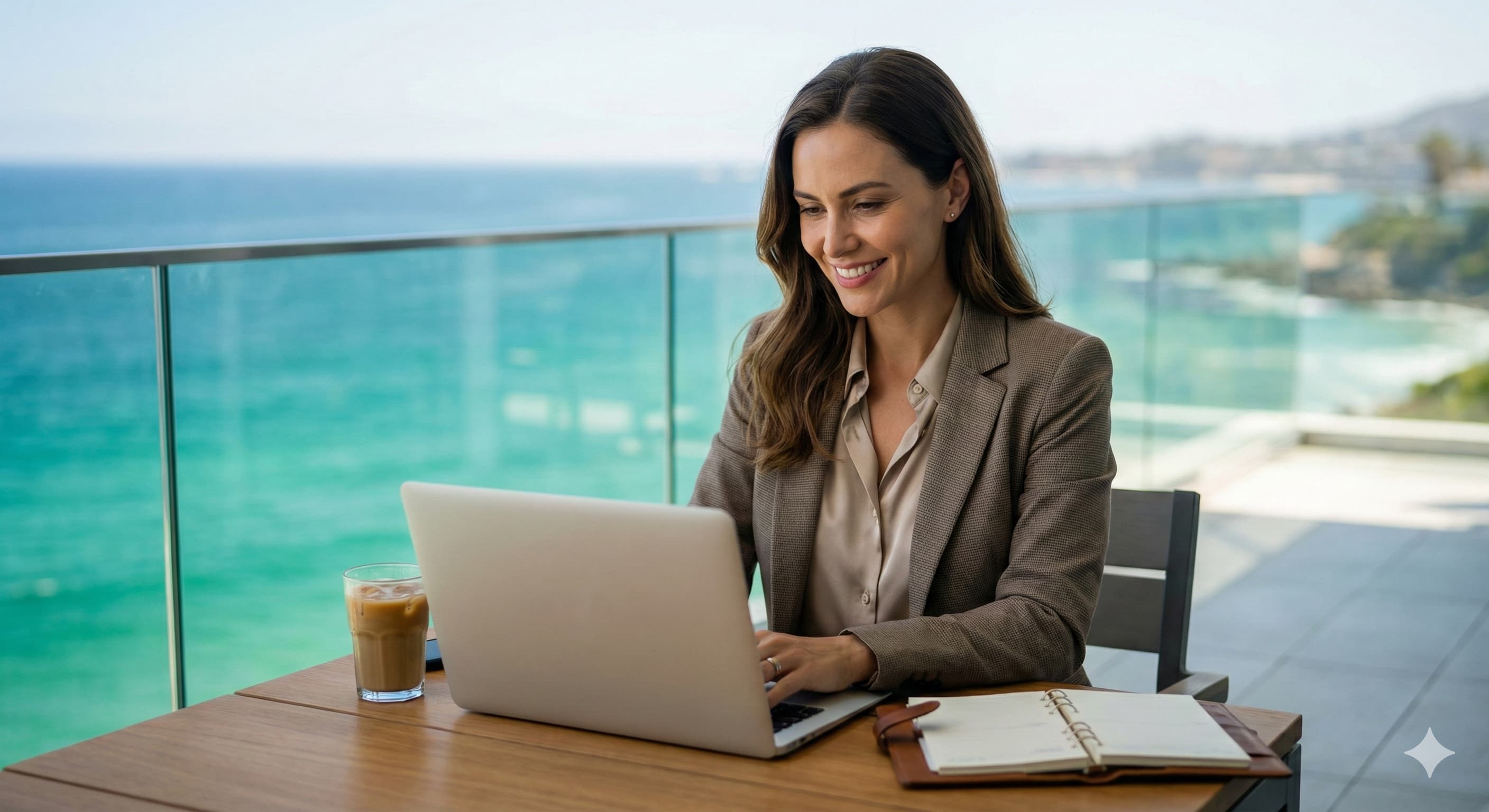 바다가 보이는 현대적인 테라스에서 노트북으로 업무를 보고 있는 지적인 젊은 여성, 디지털 노마드의 자유로운 라이프스타일