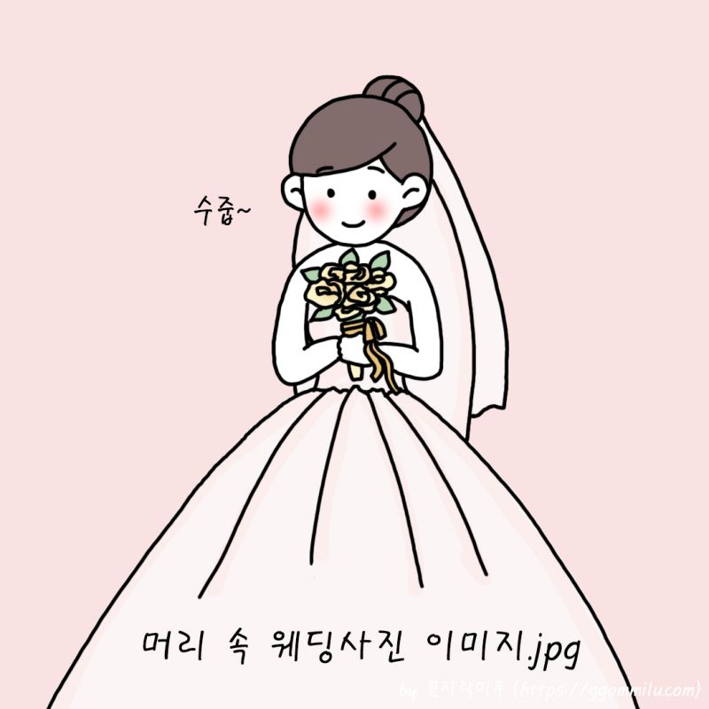예쁜 드레스를 입은 모습 밑에 머리속 웨딩사진 이미지.jpg라고 적혀있음