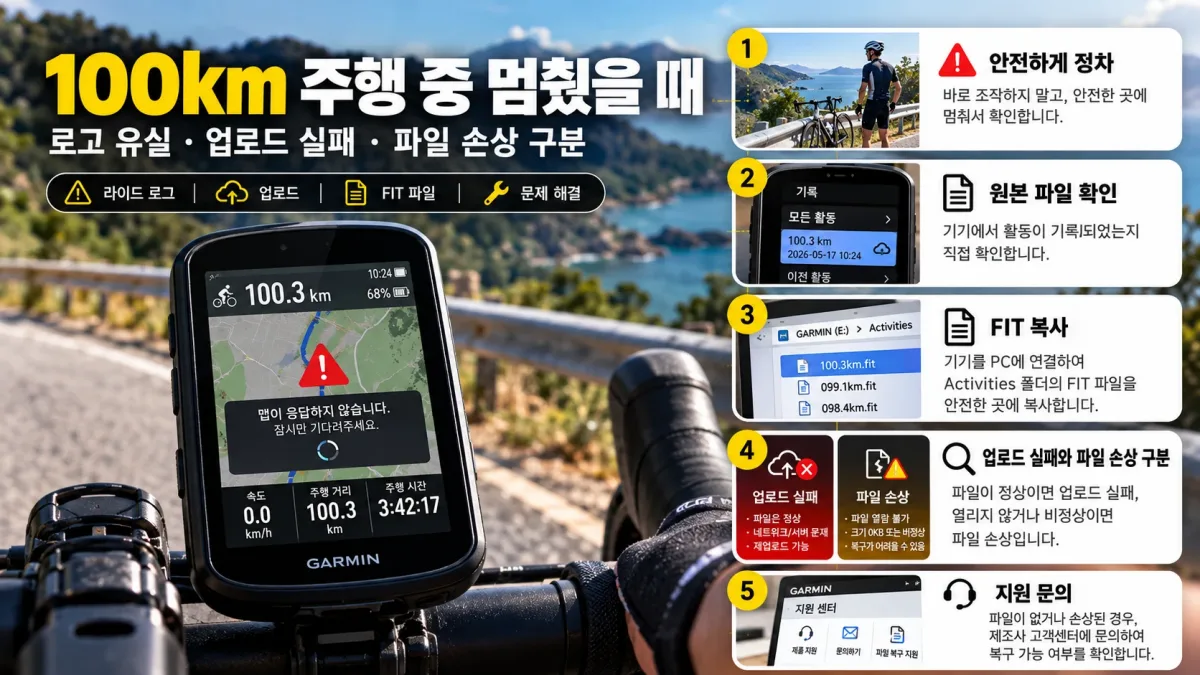 100km 라이딩 도중 자전거 GPS 속도계 멈춤 오류 발생 시 FIT 기록과 업로드 상태 확인