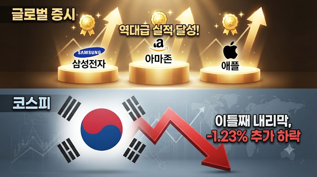 브리핑의 핵심 상황을 요약한 인포그래픽입니다. 이미지 상단에는 삼성전자·아마존·애플의 로고와 함께 '역대급 실적'을 상징하는 상승 그래프와 금메달 아이콘이 빛나고 있습니다. 그러나 이미지 하단, 한국 코스피 시장을 상징하는 태극 문양의 주가지수 그래프는 전날의 -6% 급락에 이어 -1.23% 추가 하락하는 모습이 붉은색 화살표와 함께 처참하게 그려져 있습니다. 환호하는 글로벌 증시와 대조되는 코스피의 냉혹한 현실을 직관적으로 대비시킵니다. (경제지표 인포그래픽)