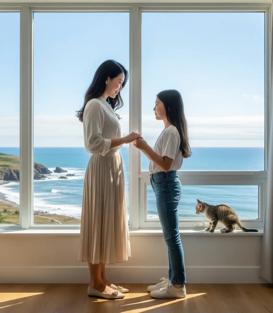 창밖으로 핼리팩스 바다가 보이는 아파트에서 딸의 손을 잡고 조기유학에 대해 진지하게 대화하는 한국인 어머니