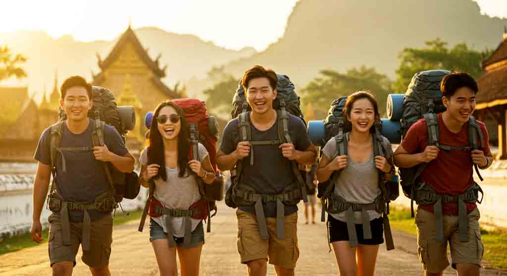 라오스 배낭여행하는 젊은 사람들