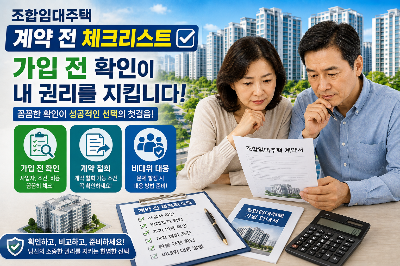 조합임대주택 가입 전 확인사항과 계약 철회 조건, 비상대책위원회 대응 방법을 검토하는 예비 조합원 이미지