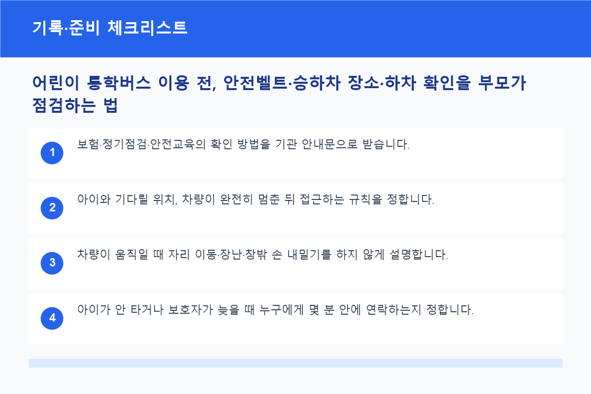 어린이 통학버스 이용 전, 안전벨트·승하차 장소·하차 확인을 부모가 점검하는 법 기록·준비 체크리스트 정보 이미지