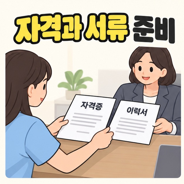 지원자가 채용 담당자에게 자격증과 이력서를 건네며 취업 지원 서류를 준비하는 모습