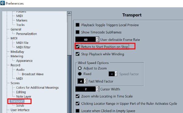 Transport - Return to Start Position on Stop에 체크