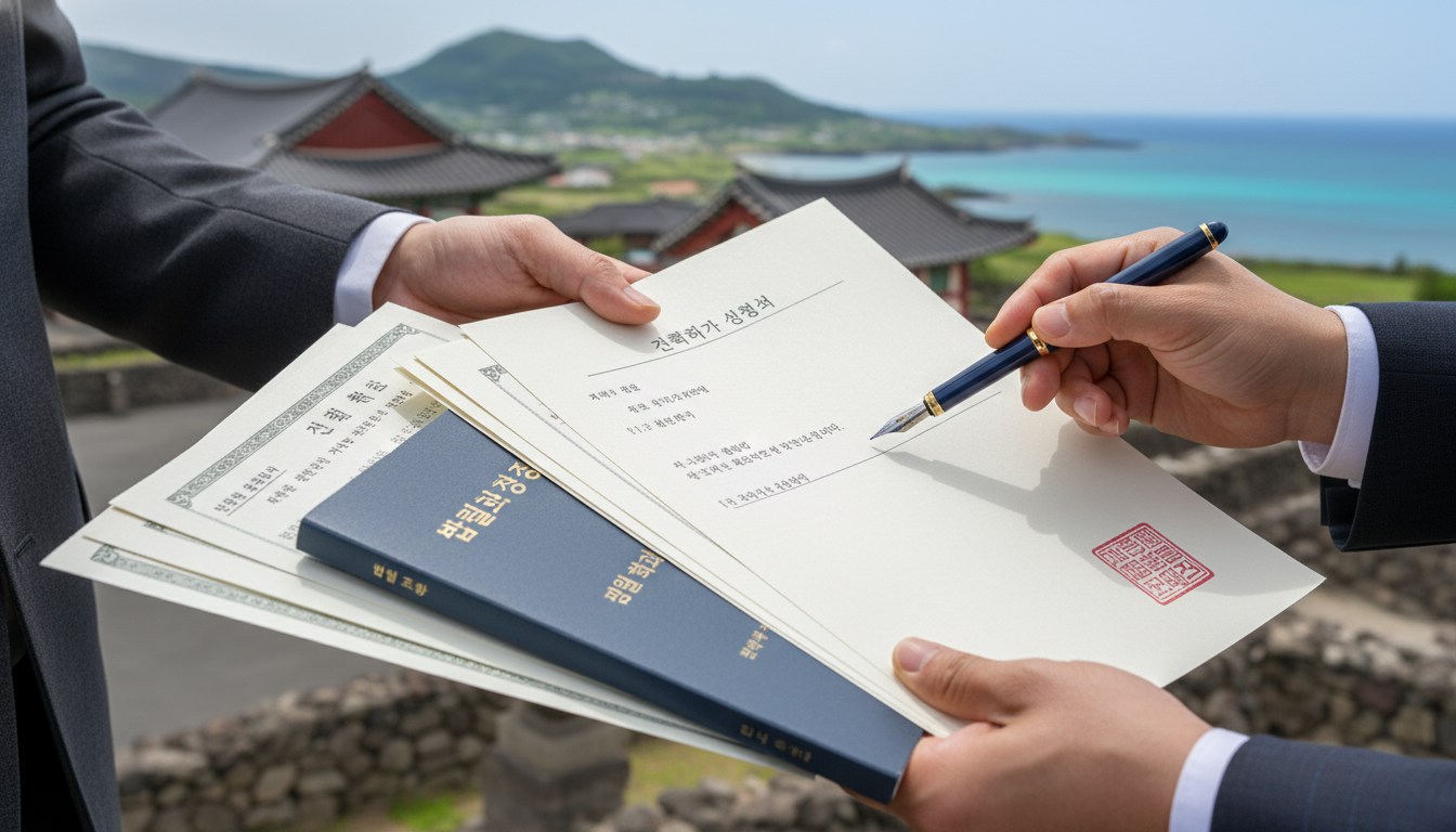 제주도 국가유산구역 내 건축 허가 과정을 상징하는 이미지. 여러 공식 서류와 펜을 든 손이 클로즈업되어 있으며, 배경에는 전통 건물 또는 제주 풍경이 흐릿하게 보입니다.