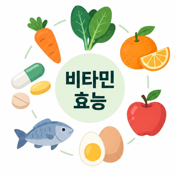 비타민 A B12 C D를 상징하는 알약과 과일 채소 아이콘 위에 비타민 효능 문구가 표시된 이미지