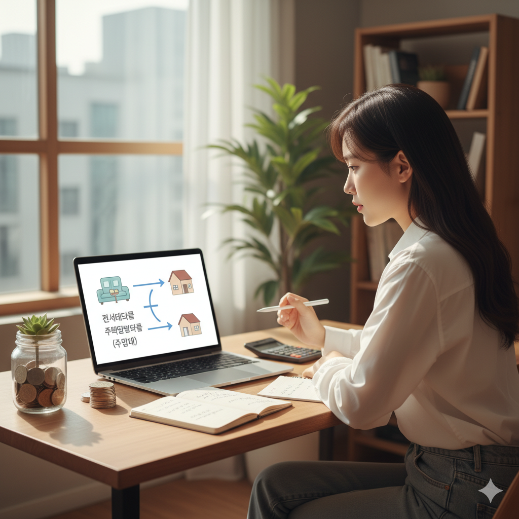 창가에 앉아 노트북으로 재무 계획을 세우는 젊은 여성의 모습. 노트북 화면에는 '전세자금대출'에서 '주택담보대출(주담대)'로 이어지는 주거 사다리 개념의 도표가 그려져 있다. 책상 위에는 저금통과 계산기, 필기 도구가 놓여 있어 사회초년생의 신중한 자산 관리와 미래 설계를 시사한다.