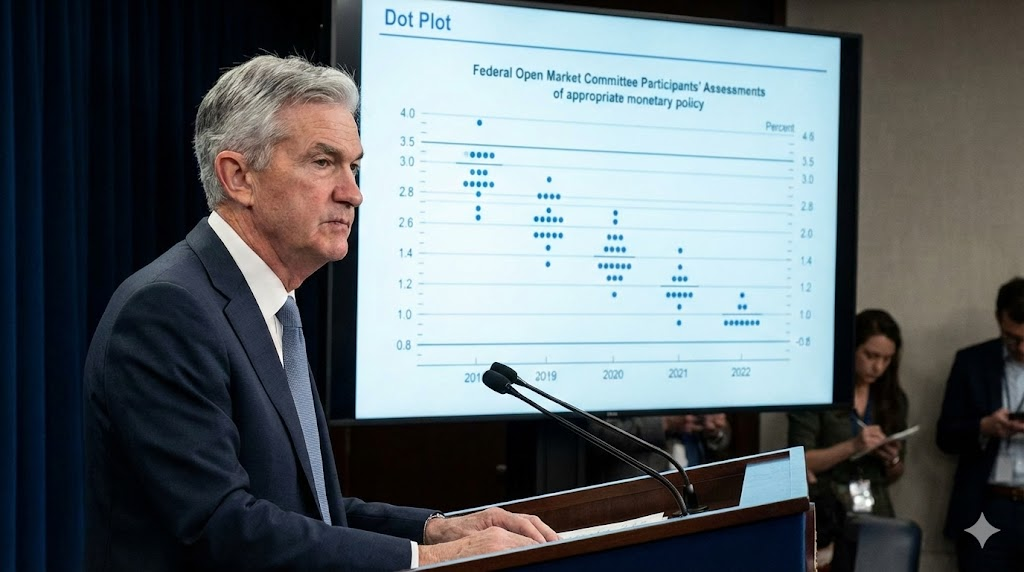 제롬 파월 연준 의장이 심각한 표정으로 기자회견 단상에 서 있습니다. 그의 뒤로 연준 위원들의 금리 전망을 나타내는 점도표(Dot Plot)가 대형 스크린에 선명하게 투영되어 있습니다. 이 이미지는 파월 의장의 발언과 함께 공개될 점도표가 시장에 미칠 막대한 영향력을 시사합니다.