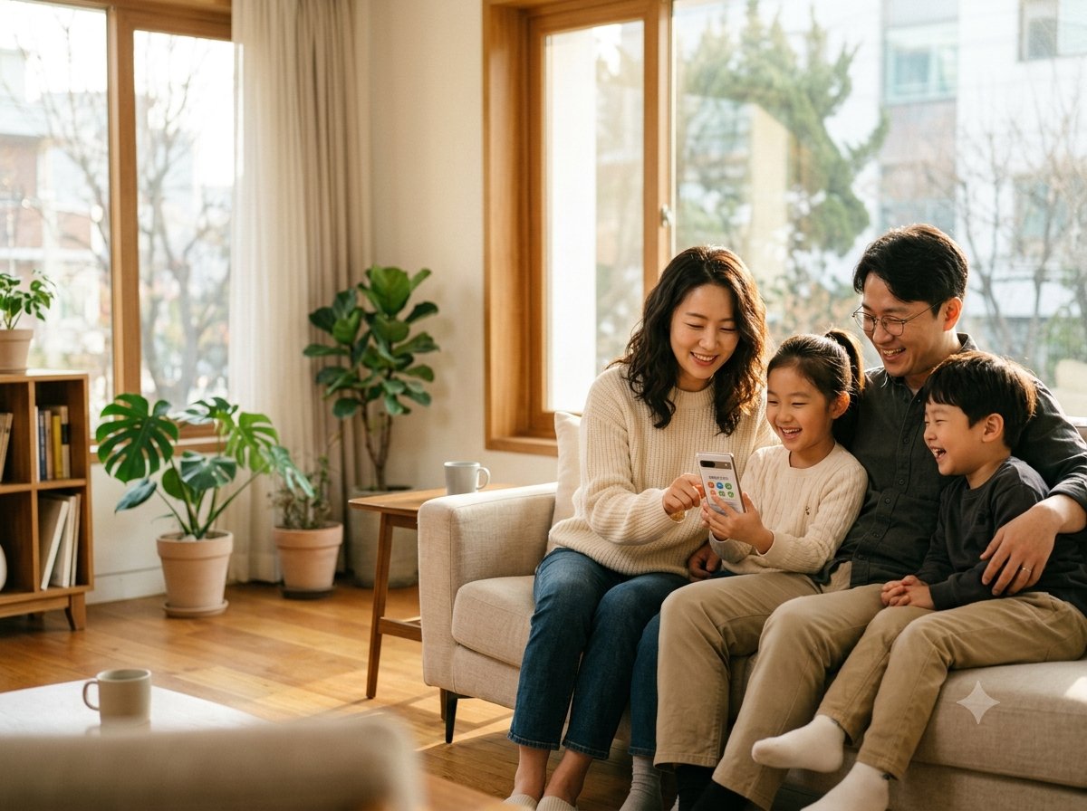 정부지원금 확인을 마치고 안심하는 가족의 밝고 긍정적인 생활 장면
