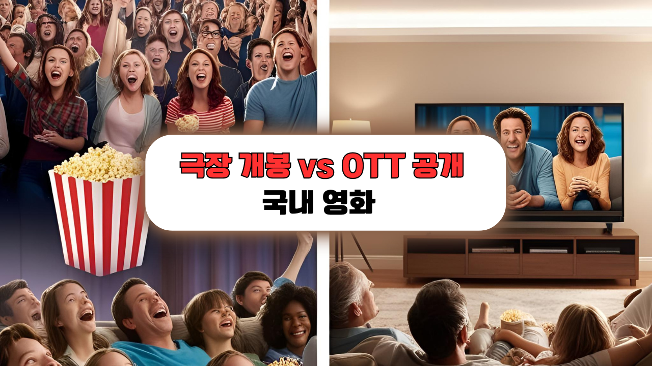 극장에서 팝콘과 집에서 OTT 시청하는 장면 비교