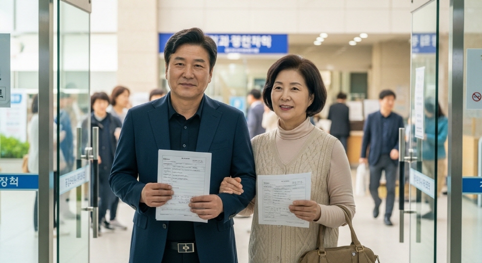 부모가 주민센터 입구에서 서류를 들고 대기하는 실사 이미지