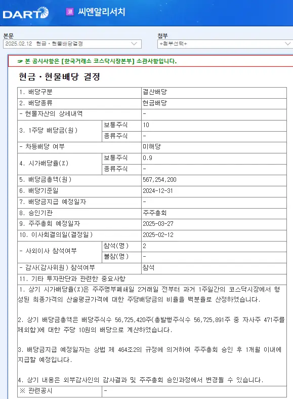 씨엔알리서치(359090) 2025년 배당일