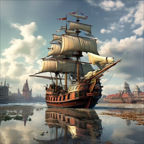 한 왕국의 섬에 정박하고 있는 해적선