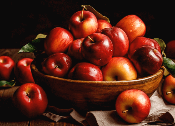 넓고 큰 나무 그릇에 빨갛게 익은 사과들이 한가득 담겨 있다. 사과는 복을 표현하며 그릇은 복 받는 그릇을 뜻한다.