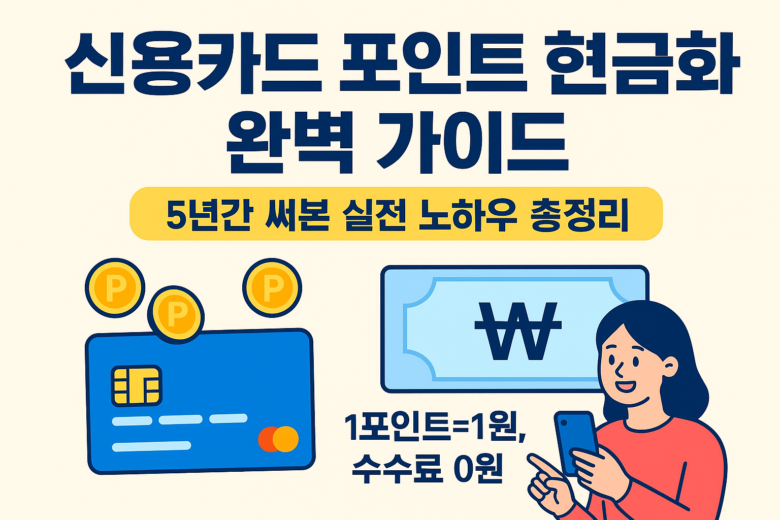 신용카드 포인트를 현금화하는 과정을 한눈에 보여주는 2D 디지털 일러스트. 지갑에서 나오는 포인트 아이콘들이 은행 계좌로 이동하는 모습과 함께 ‘1포인트=1원’, ‘현금입금’, ‘자동납부’ 등의 요소가 포함된 금융 가이드용 이미지