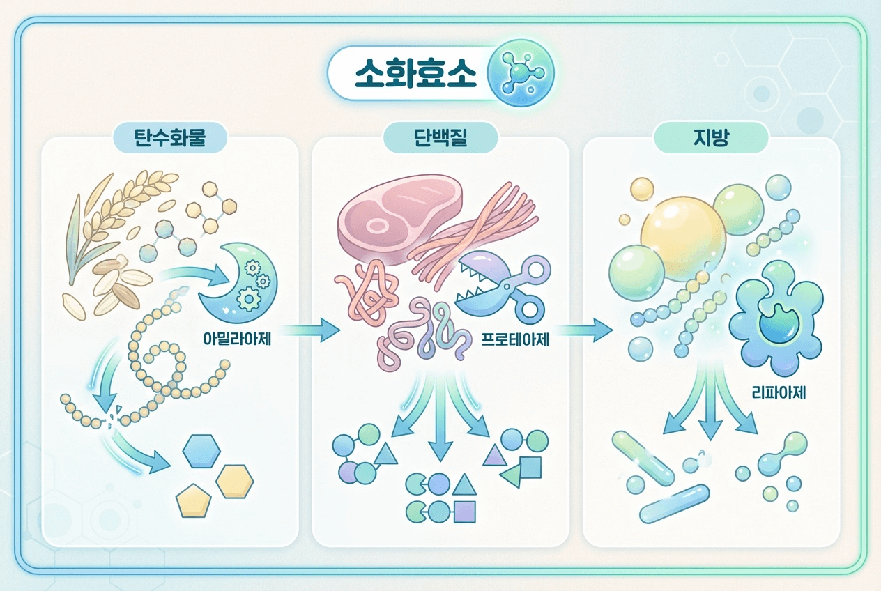 아밀라아제&middot;프로테아제&middot;리파아제가 영양소를 분해하는 과정을 단계별로 보여주는 소화효소 인포그래픽 이미지