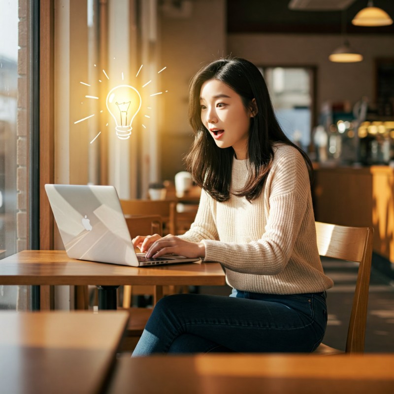 따뜻한 햇살 아래 카페에서 노트북을 하던 한국 여성이 아이디어를 떠올리고 놀라는 표정