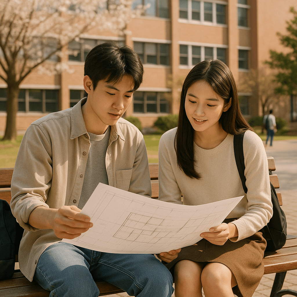 건축학개론 도면 보고 있는 남여 대학생