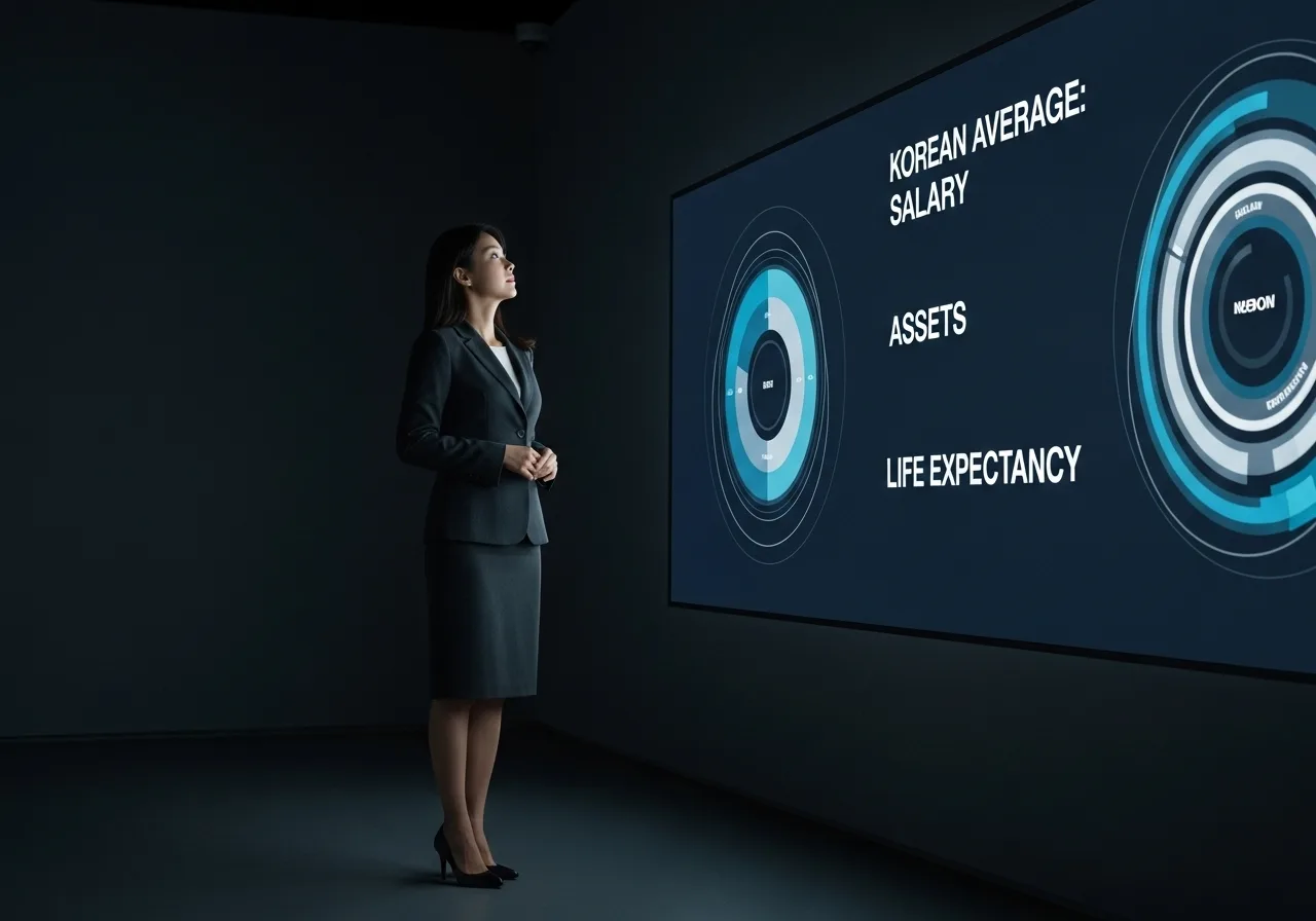 한국인 여성이 미디어 갤러리에서, 'KOREAN AVERAGE: SALARY, ASSETS' 등의 데이터가 시각화된 대형 스크린을 감상하고 있다