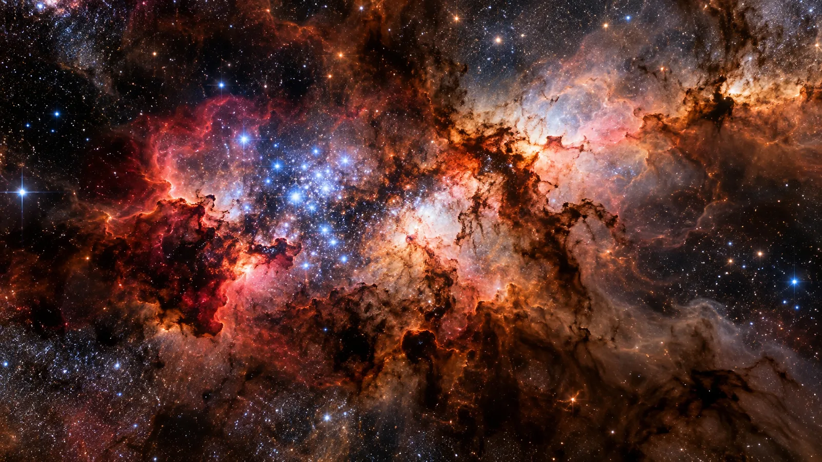 푸른 별 무리와 붉은 가스, 어두운 먼지가 뒤섞인 별 탄생 영역의 개념 이미지입니다.