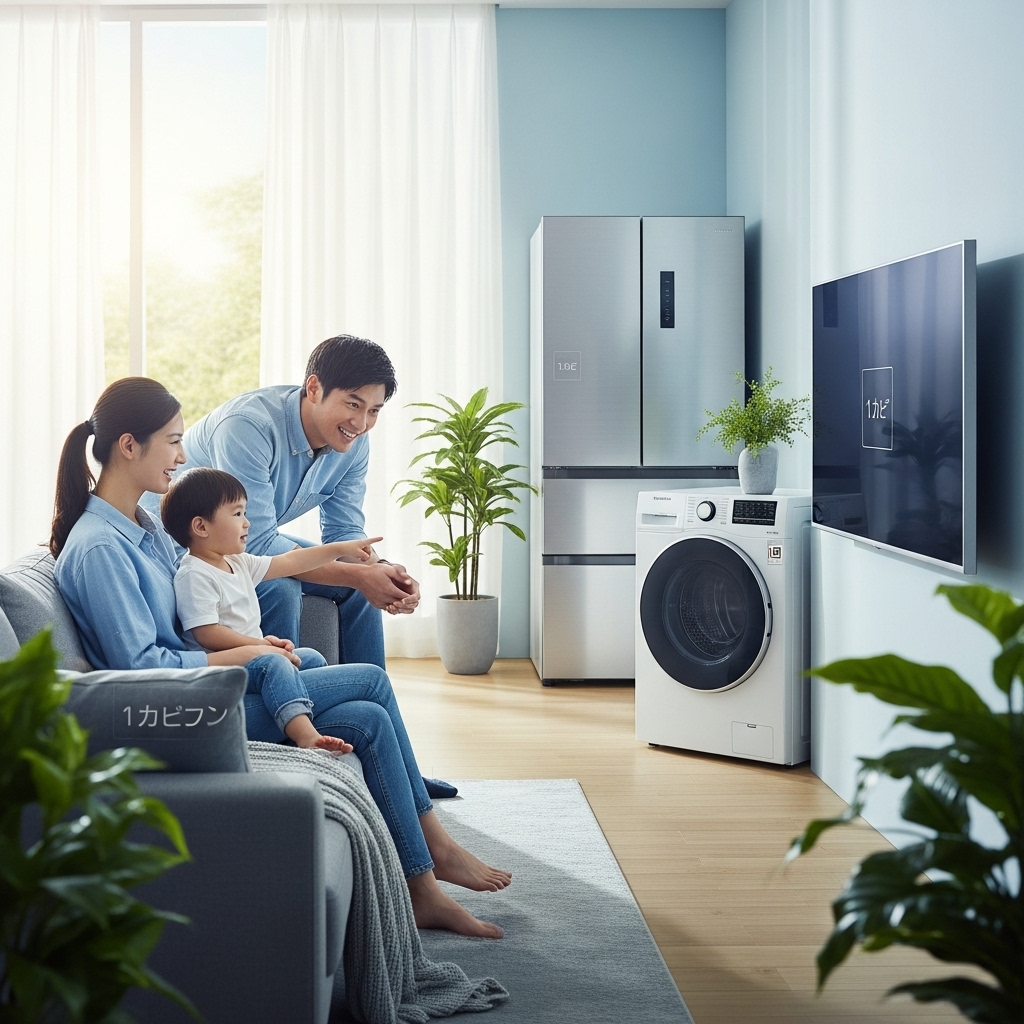 에너지 효율 1등급 가전제품으로 꾸며진 현대적인 거실에서 환하게 웃는 가족, 절약과 환경 보호의 가치를 강조.