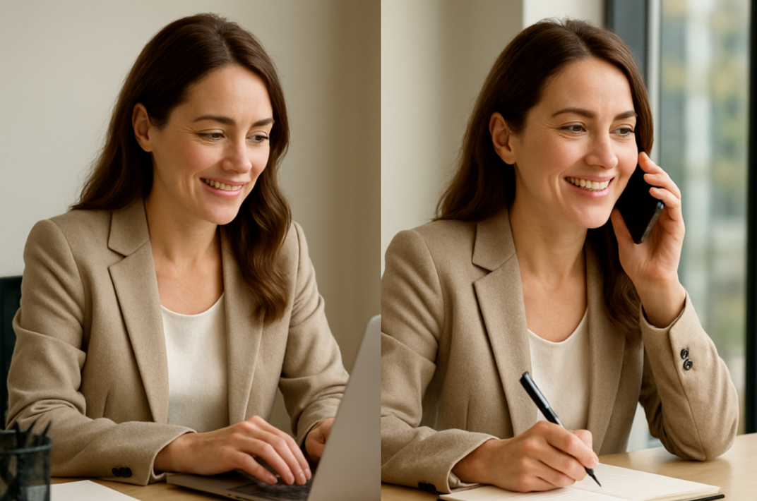 아침식사로 활력을 되찾은 여성 직장인이 웃으며 업무에 집중하는 모습, 아침식사의 긍정적 효과를 표현