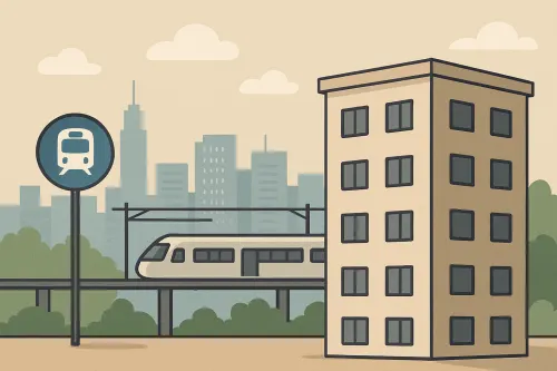 철도 위를 열차와 인근의 소형 아파트가 보이는 도시 풍경