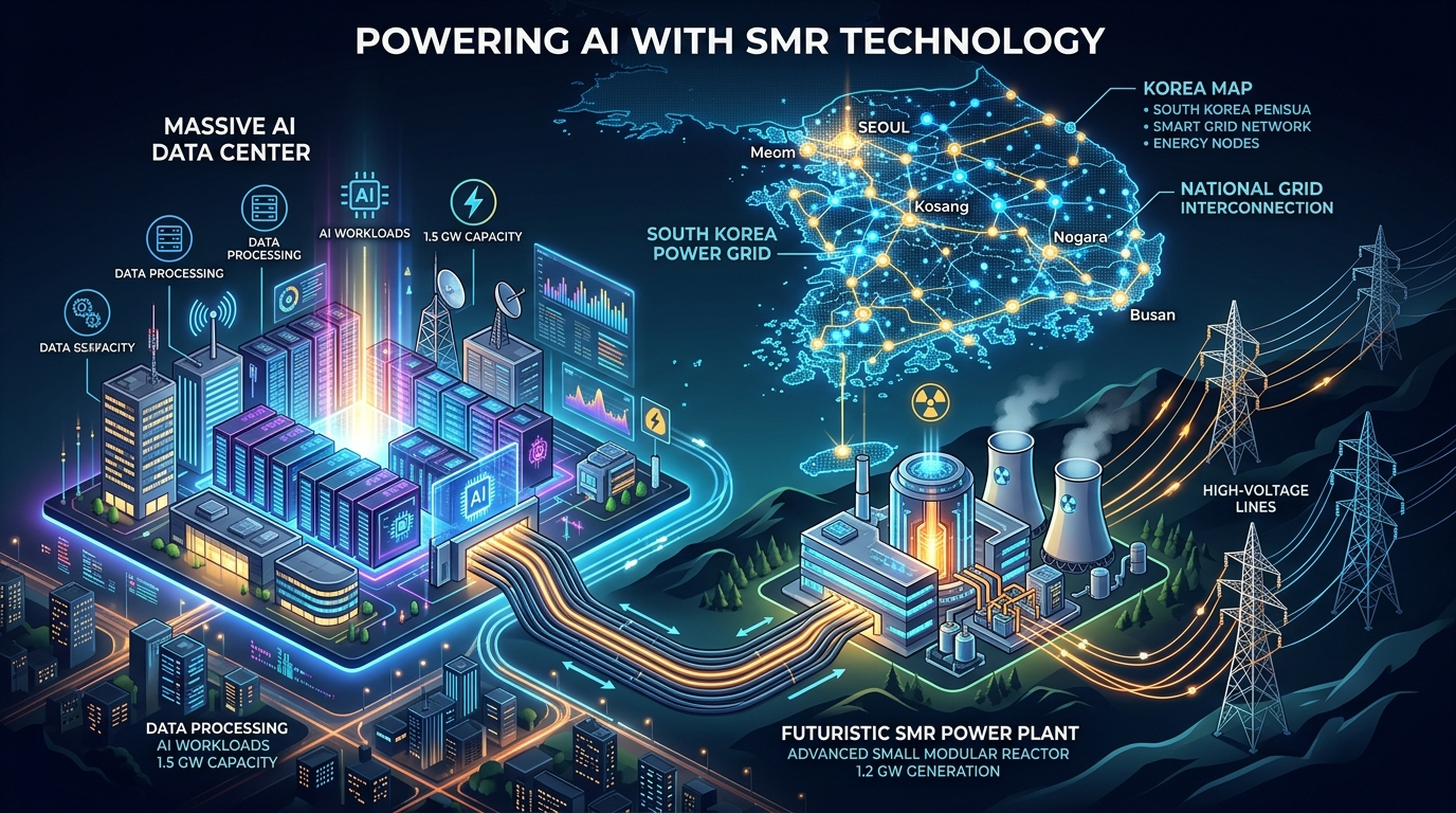 AI 데이터센터와 거대한 송전탑, 그리고 SMR 원자로가 유기적으로 연결된 미래 에너지 지도