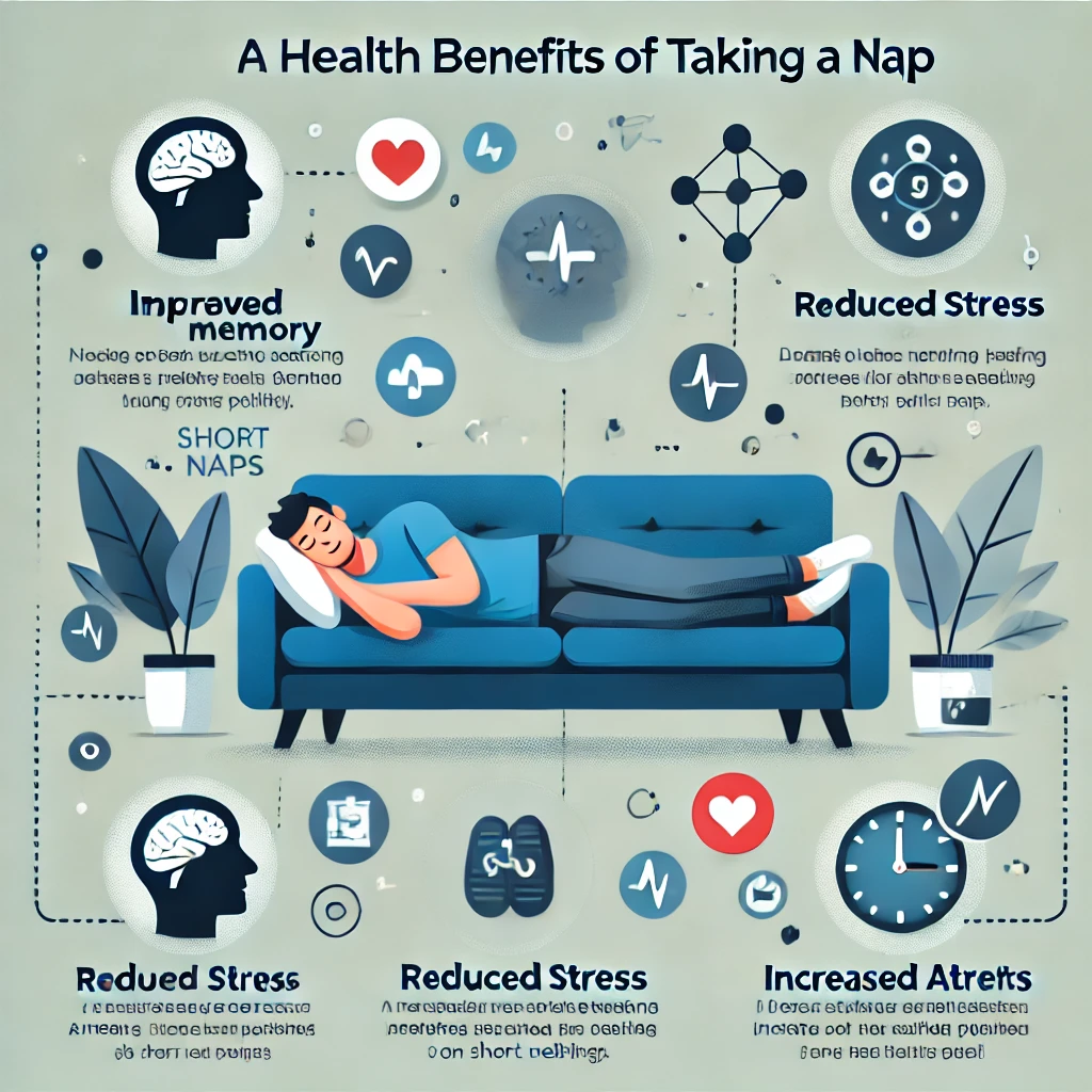 낮잠을 자는 사람과 낮잠의 건강 효과를 설명하는 인포그래픽