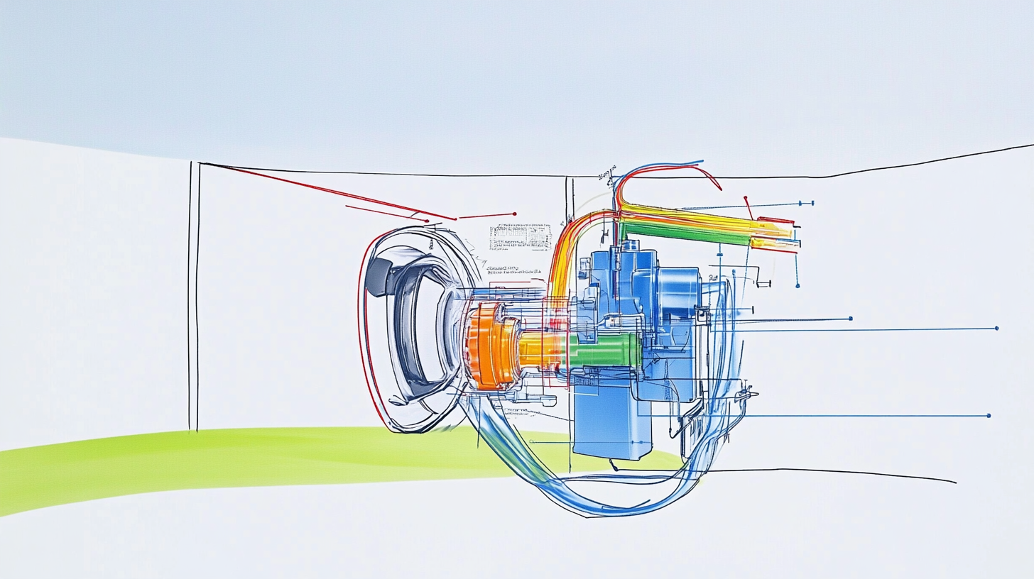 삼성 WA30DG2120BV의 강력한 모터와 첨단 세제 전달 시스템을 강조하여 깊숙한 세탁 능력을 부각한 상세한 일러스트레이션입니다.