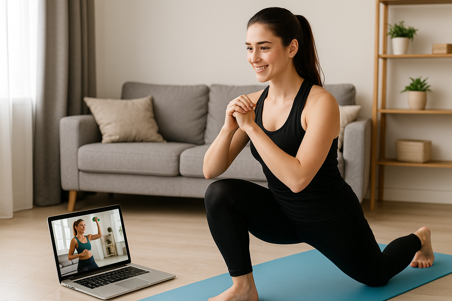 집에서 노트북 속 PT 선생님과 운동하고 있는 여자의 모습