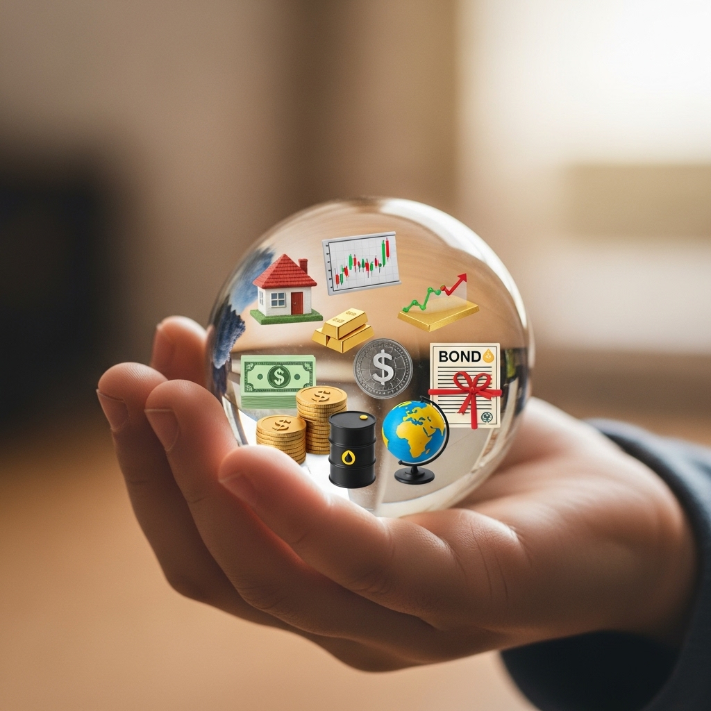 다양한 투자 자산 아이콘이 담긴 구슬을 아이의 손이 잡고 있는 이미지. 분산 투자를 통한 자녀 계좌 운용을 나타냅니다.