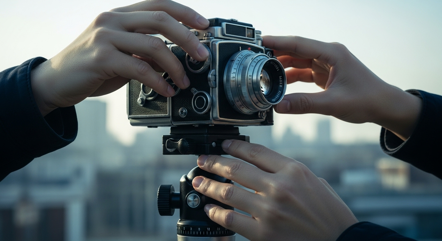 빈티지 필름 카메라를 조심스럽게 조작하는 손. 집중과 몰입을 통해 아날로그 취미의 즐거움을 표현합니다.