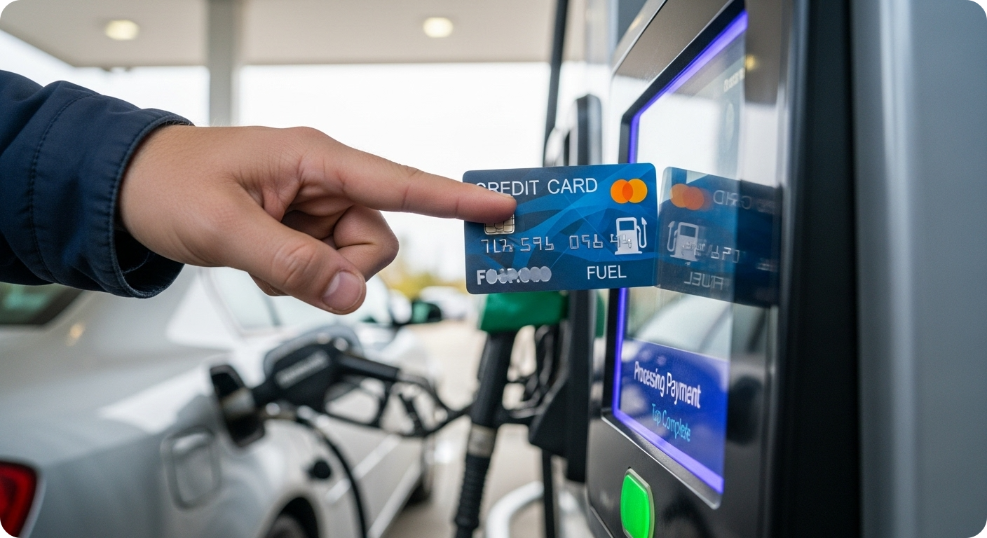 주유소에서 유류구매카드로 결제하는 손, 경차 유류세 환급 제도를 통한 주유 결제를 보여줌.