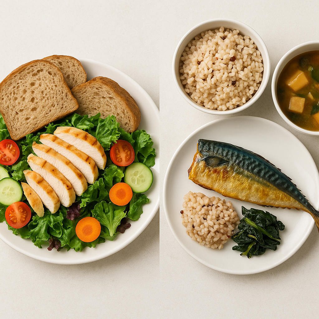 닭가슴살 샐러드, 통밀빵 현미밥, 된장국, 고등어구이