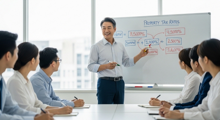 회의실에서 재산세 세율을 설명하는 강사
