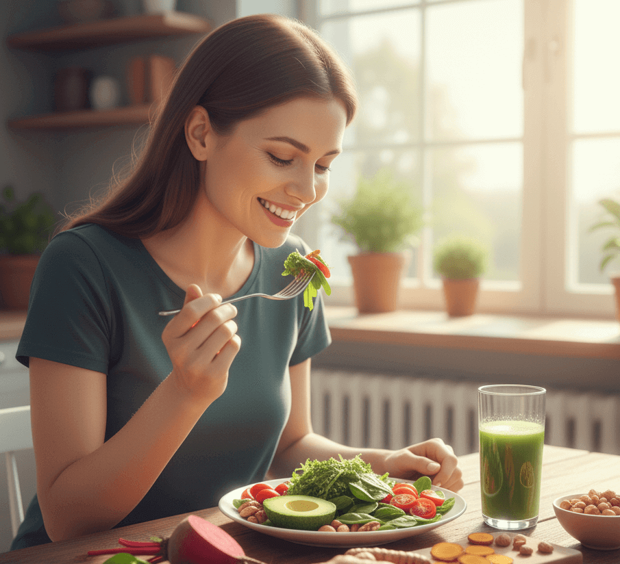 여성, 녹즙, 식탁, 음식, 간에 좋은 음식, 포크