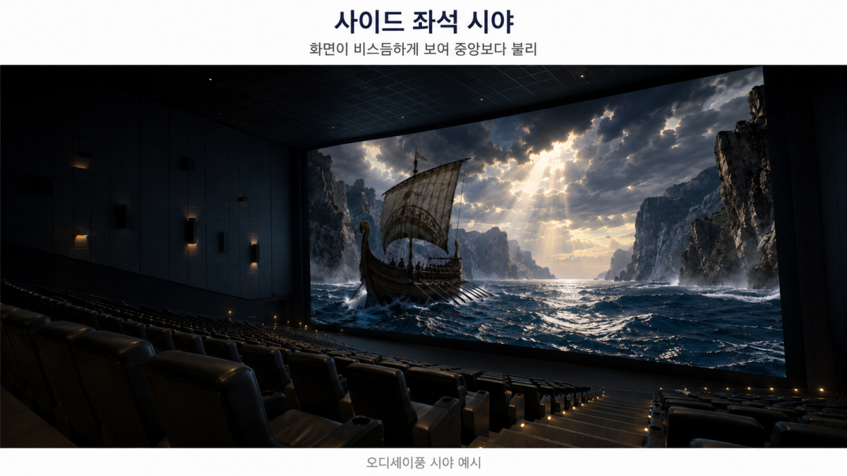 용산 아이맥스 사이드 좌석에서 바라본 오디세이 화면 왜곡과 시야 차이 예시