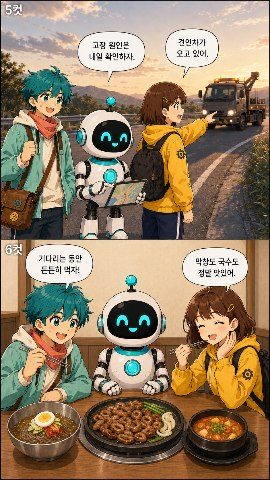 견인차를 기다리며 차량 고장 상황을 정리하고 막창과 국수, 따뜻한 찌개를 함께 먹는 세 친구의 웹툰 장면