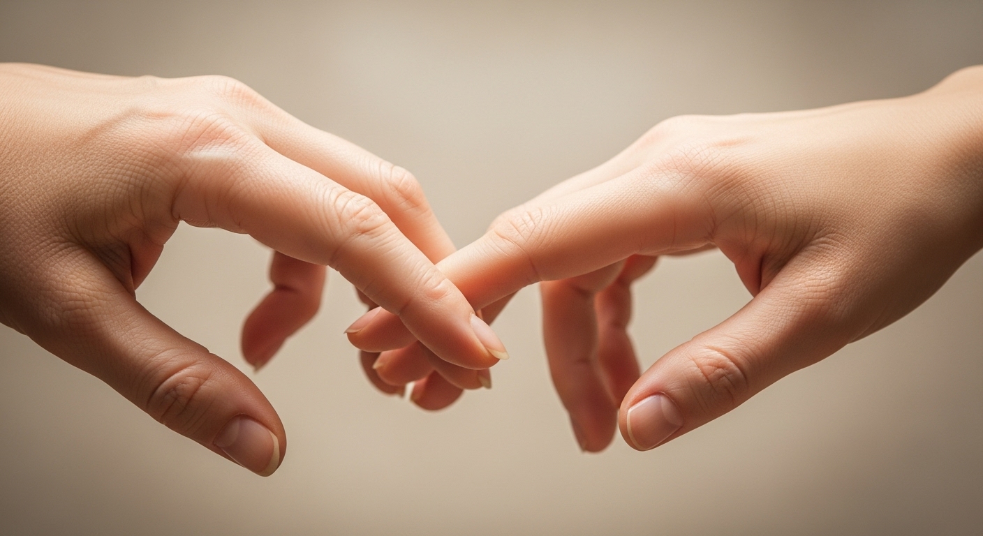 한 사람이 다른 사람의 손을 부드럽게 놓아주는 모습, 관계 정리를 상징함