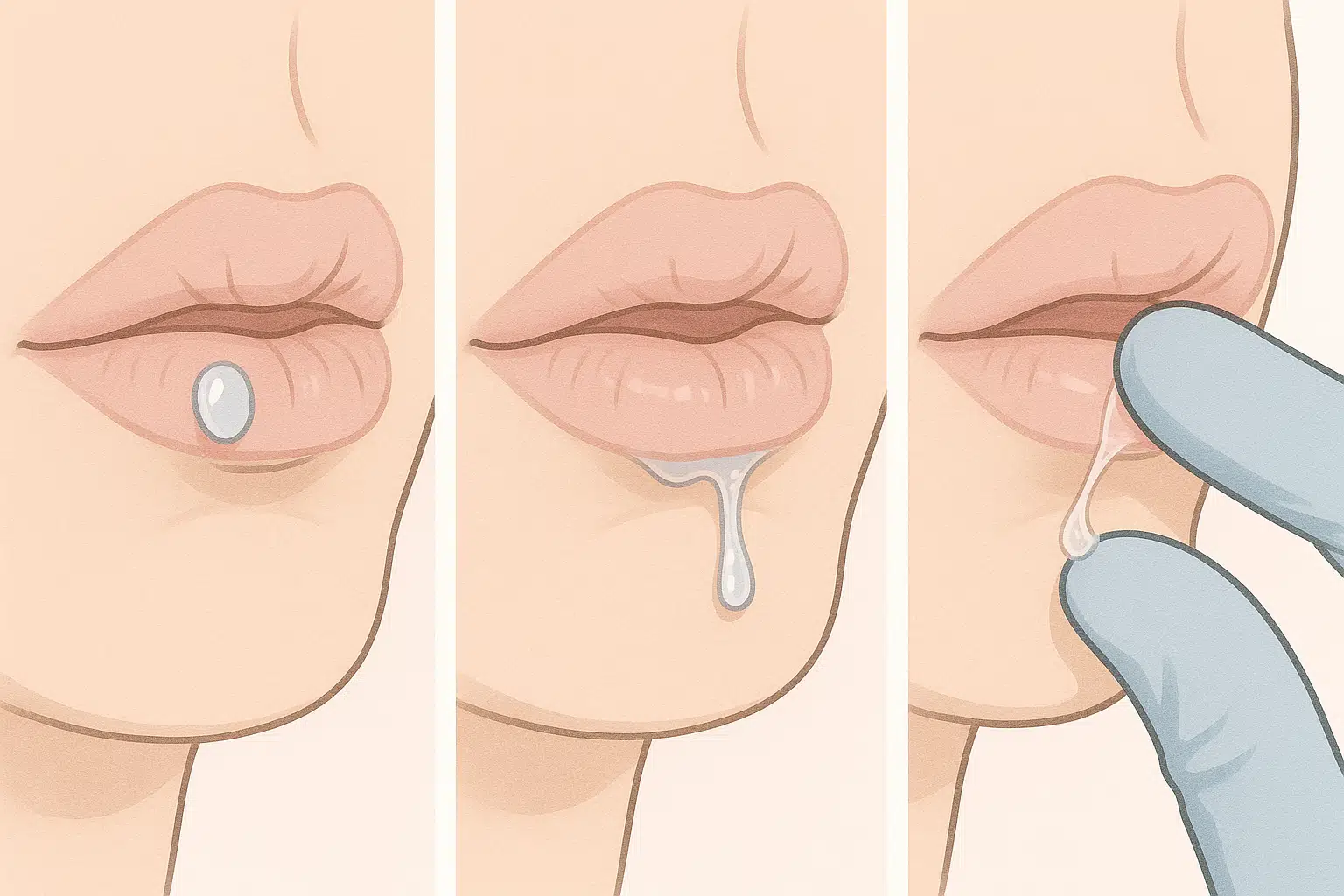 순간접착제가 입술에 묻어 침으로 천천히 불리는 과정