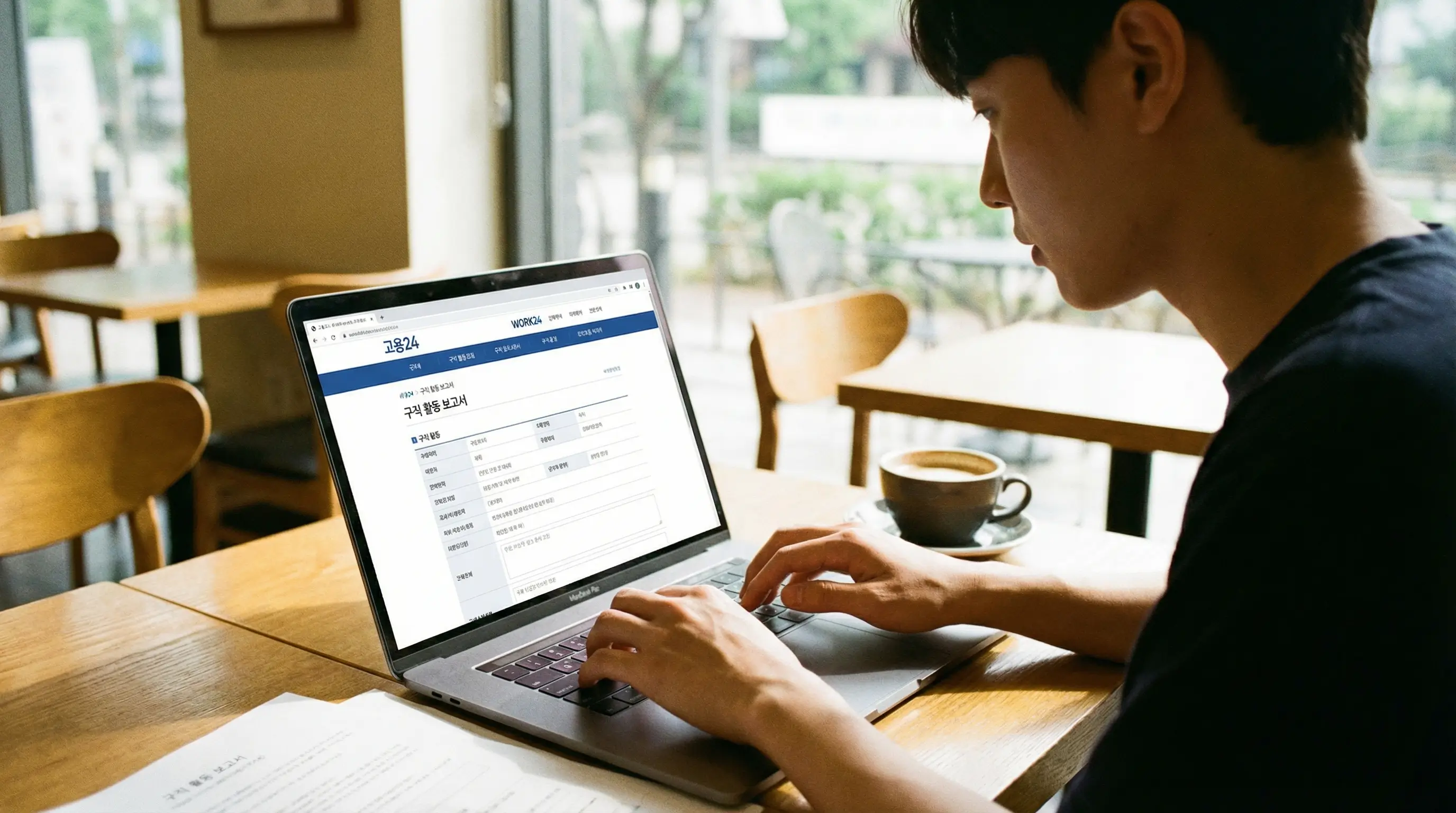노트북으로 고용24 홈페이지에 접속하여 구직 활동 보고서를 작성하고 있는 청년의 모습