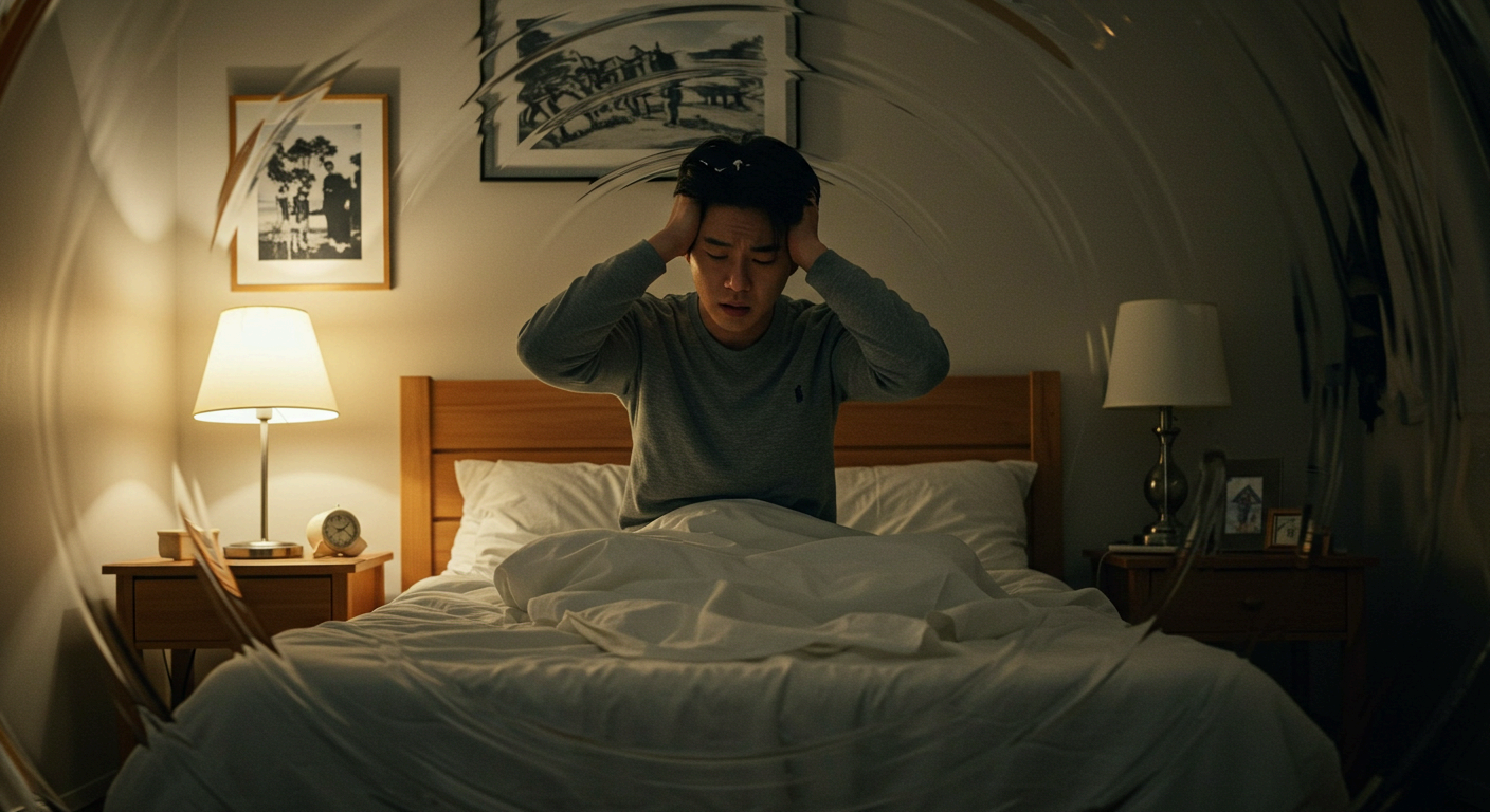 이석증으로 인해 아침에 잠에서 깬 후 심한 어지러움과 현기증을 느끼며 머리를 잡고 괴로워하는 남성의 모습.